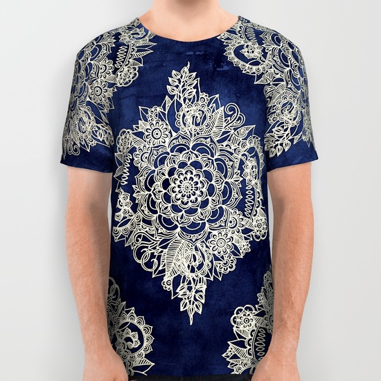 Cream Floral Moroccan Pattern on Deep Indigo Ink by Micklyn