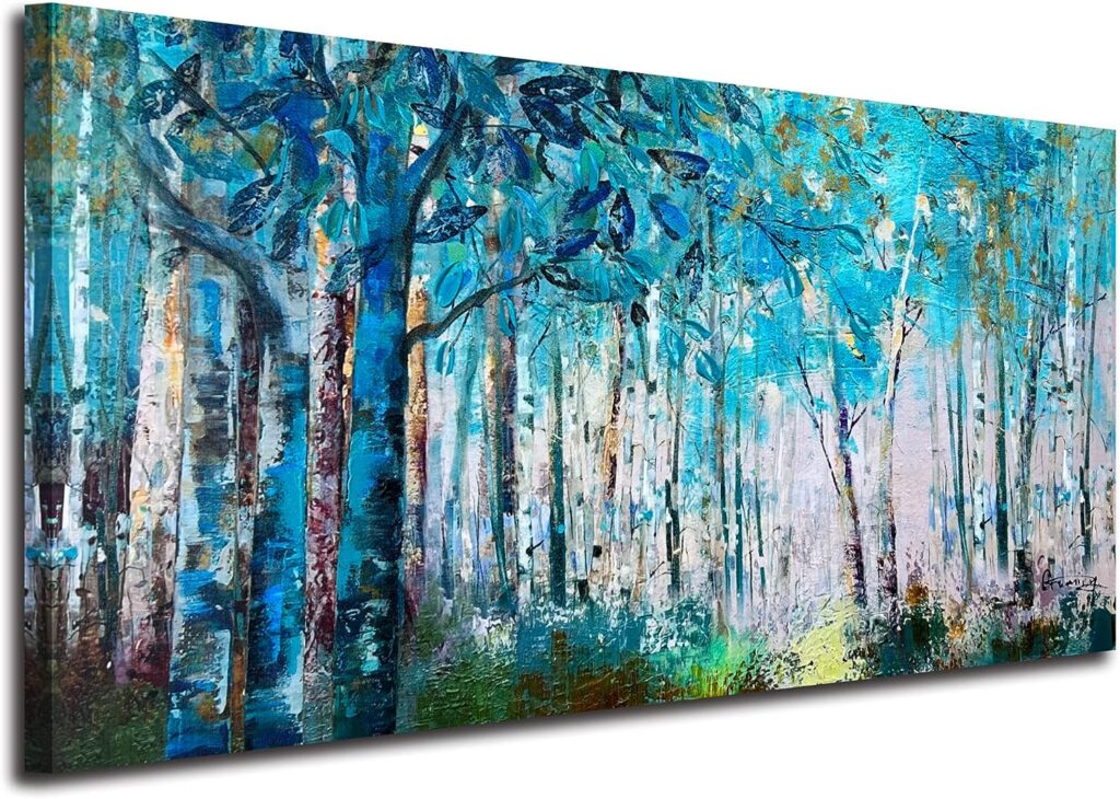 Ardemy Blue Tree Canvas Wall Art Forest Landscape Picture Modern Birch Trees Nature Teal Abstract Painting Artwork, Large Size Framed for Home Office Living Room Bedroom Bathroom Wall Decor 40"x20" 40"x20" Blue Tree
