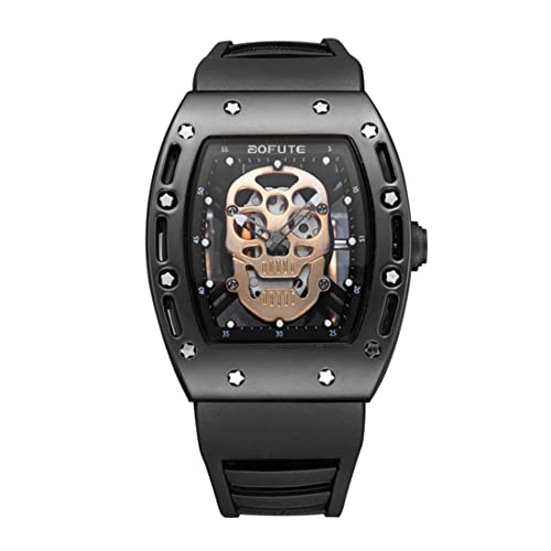 BOFUTE Tonneau Skull Men's Wristwatch Luminous Water Resistant Silicone Band Casual Rectangle Quartz Watch Black Rosegold