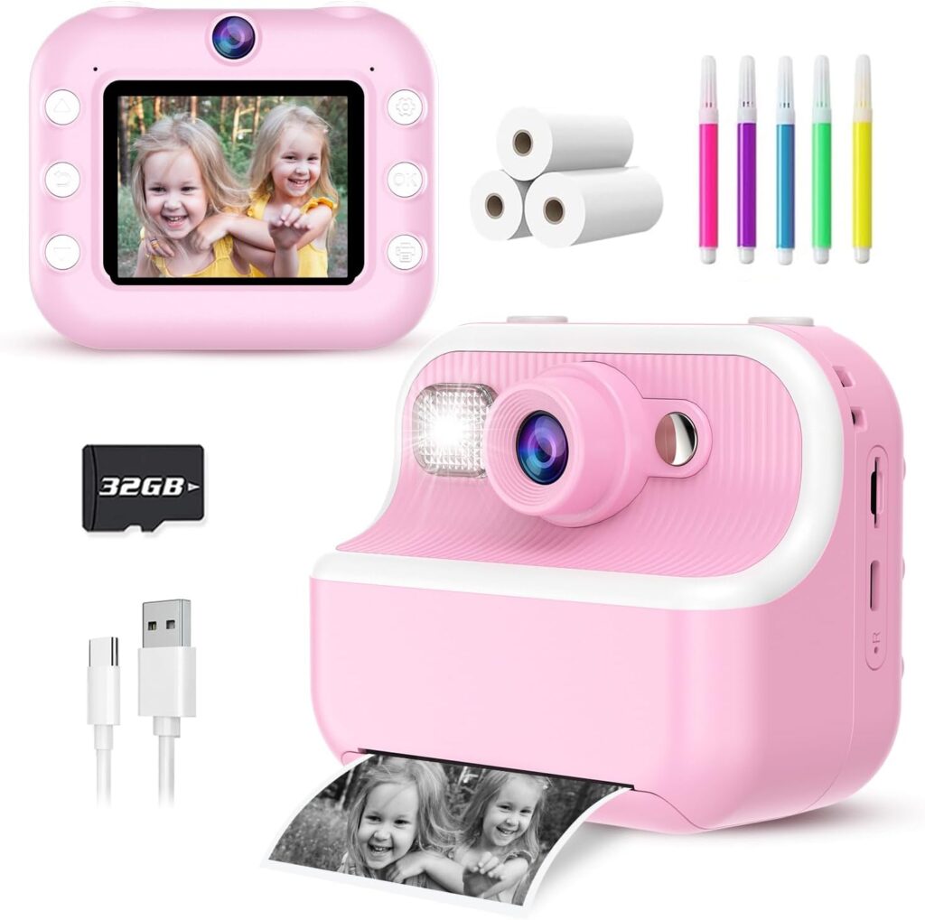 Kids Camera Instant Print, Christmas Birthday Gifts for Kids 3-12, 1080P Instant Print Camera for Kids, Toddler Camera Toy for 4 5 6 7 8 9 10 Year Old Girls Boys with 3 Rolls Paper and 32GB Card-Pink
