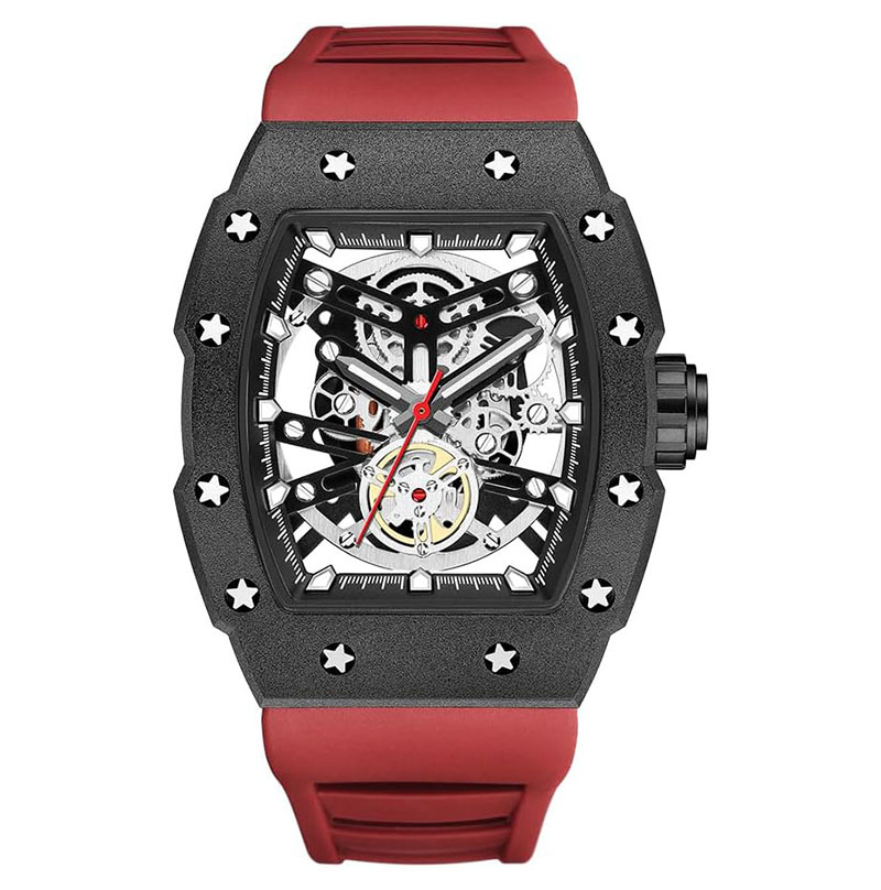 Tonneau Skeleton Luminous Men's Watch Japanese Quartz Movement Water Resistant Silicone Band Unique Casual Watch for Men Black Red