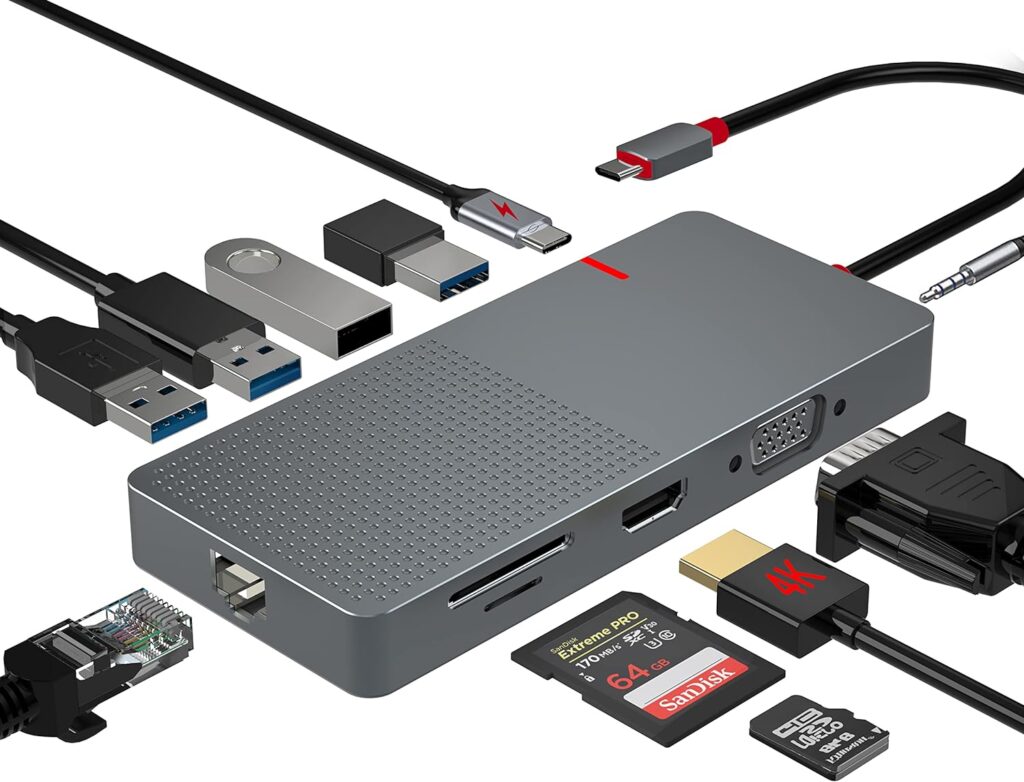 USB C Hub,Laptop Docking Station Dual Monitor,11 IN1 USB C Dongle Multiport Adapter, VGA,100W PD Charging (2USB 3.0/2USB 2.0) RJ45 TF/SD Card Reader for MacBook IPad Pro Dell Hp Lenovo 11 IN 1 USB C HUB