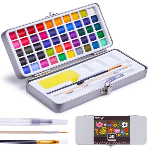 Watercolor Paint Set, 50 Vibrant Water Colors in Portable Tin Box, Travel Watercolor Kit for Adults, Kids, Hobbyists, Art Supplies